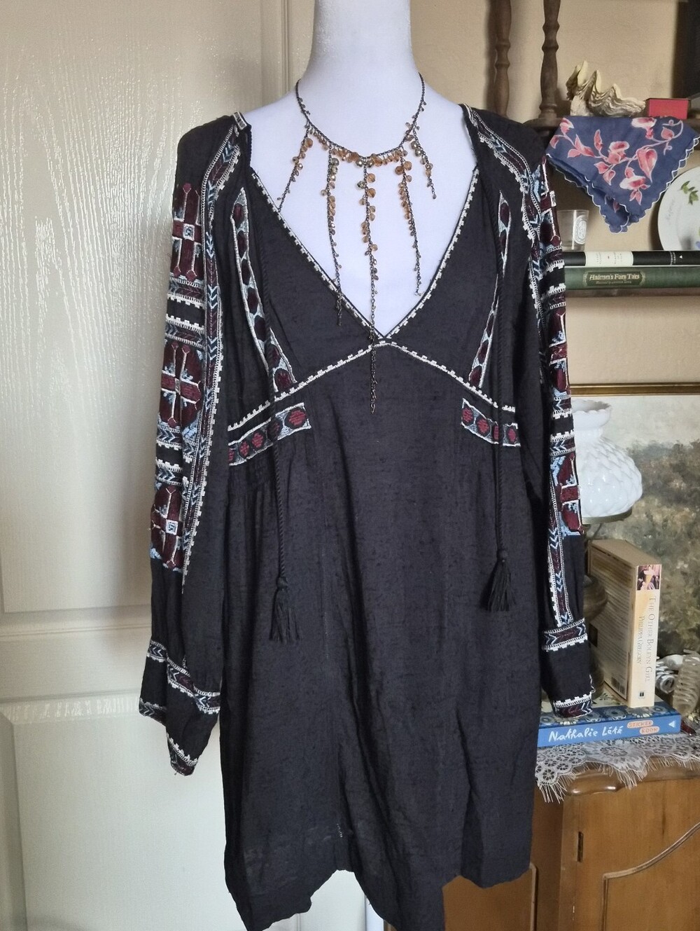 Free People Embroidered Boho Tunic Dress Black XS